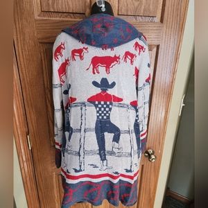 Tosha Polizzi - Large, gray Western print, open front cardigan